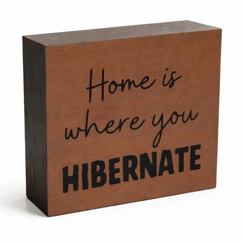 Home is Where You Hibernate‎ Wood Block Sign Cozy Winter Bear Decor